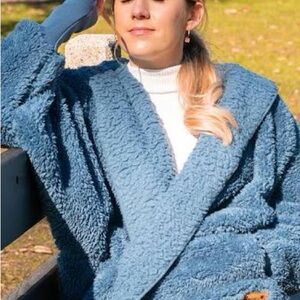 Blue Teddy Jacket with Plush Texture and Relaxed Fit